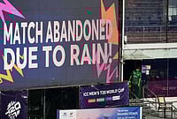 New Zealand vs Pakistan, ICC T20 World Cup 2026 Super 8: Match Gets Abandoned Due To Persistent Rain In Colombo | Photo: AP/Eranga Jayawardena : Pakistan's Usman Khan looks at a large screen announcing that the T20 World Cup cricket match between New Zealand and Pakistan is abandoned due to rain, in Colombo, Sri Lanka.