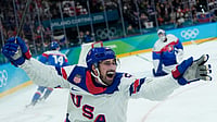 Canada Vs USA, Winter Olympics Milano Cortina 2026 Live Streaming: When, Where To Watch The Men's Ice Hockey Final? | Photo: AP/Petr David Josek : United States' Dylan Larkin (21) celebrates after scoring the opening goal during a men's ice hockey semifinal game between United States and Slovakia at the 2026 Winter Olympics, in Milan, Italy.
