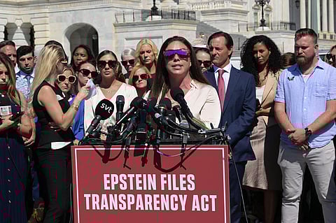 Rally Held Outside U.S. Capitol In Solidarity With Epstein Victims Survivors of Jeffrey Epstein s abuse, Haley Robson, speak about the Epstein File Transparency Act during a press conference in Washington DC, USA, on September 3, 2025, at House Triangle Capitol Hill.