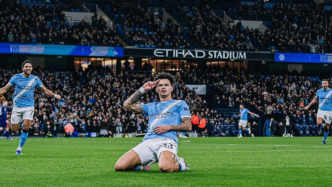 Manchester City's Nico O'Reilly celebrates after scoring his second goal against Newcastle United at the Etihad Stadium - Special arrangement/Manchester City