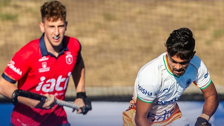 Indian Hockey Team players in action against Spain in FIH Pro League 2025-26 Australia leg match. - TheHockeyIndia/X