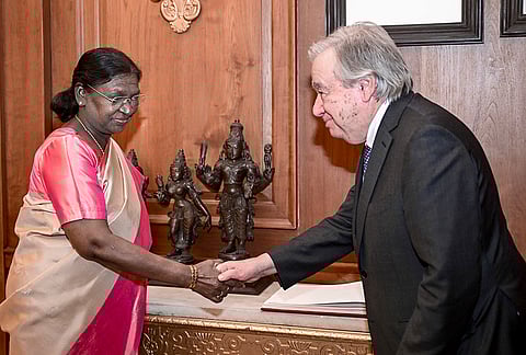 President Droupadi Murmu during a meeting with United Nations (UN) Secretary-General Antonio Guterres, at the Rashtrapati Bhavan, in New Delhi.