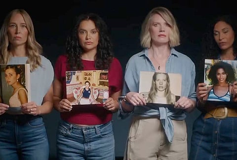 Four women who survived the sexual abuse at the hands of Jeffrey Epstein holds a photo of her younger selves at the ages she met Epstein, is seen in a pubic service announcement video released on Monday Nov 17, 2025 with four other survivors just days before the House of Representatives is set to vote on a bill to release all Justice Department files related to the investigation into Epstein s crimes