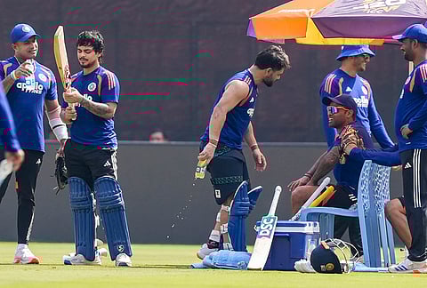 India's captain Suryakumar Yadav with teammates Ishan Kishan, Rinku Singh and others during a training session ahead of the ICC Men's T20 World Cup 2026 cricket match between India and South Africa, at Narendra Modi Stadium, in Ahmedabad.