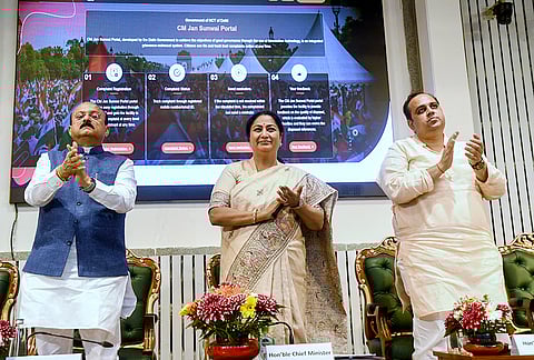 Delhi Chief Minister Rekha Gupta, centre, along with Education Minister Ashish Sood and Health Minister Pankaj Kumar Singh during the launch of three key IT initiatives of the Government of National Capital Territory of Delhi in New Delhi. The Delhi government launched the CM Jansunwai Portal and mobile app for public grievance redressal, integrated 75 e-District services with 7,000 CSC Digital Seva portals, and introduced an EWS/DG/CWSN admission platform for transparent school admissions. 