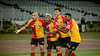 eastbengal_fc/X : East Bengal players celebrating after scoring a goal against NorthEast United in ISL 2025-26. 