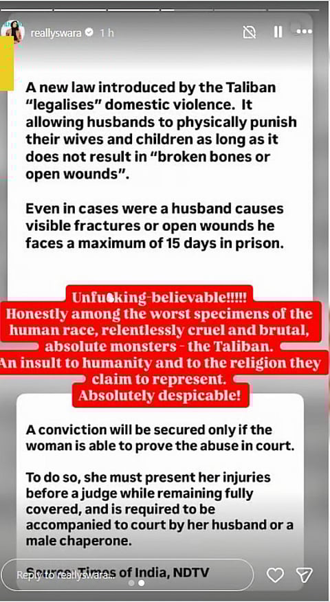 Swara Bhasker condemns Taliban's laws allowing domestic violence