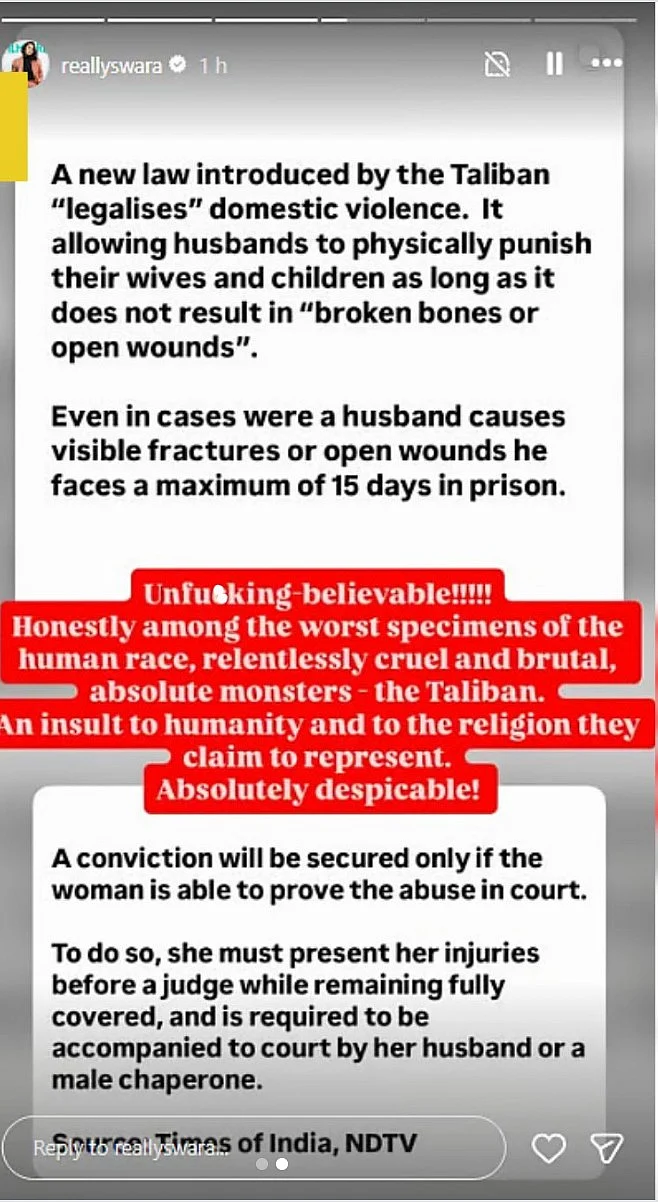 Swara Bhasker condemns Talibans laws