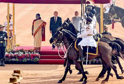 President Droupadi Murmu with Prime Minister Narendra Modi and Brazilian President Luiz Inacio Lula da Silva during Silva's ceremonial reception, at Rashtrapati Bhavan, in New Delhi. 