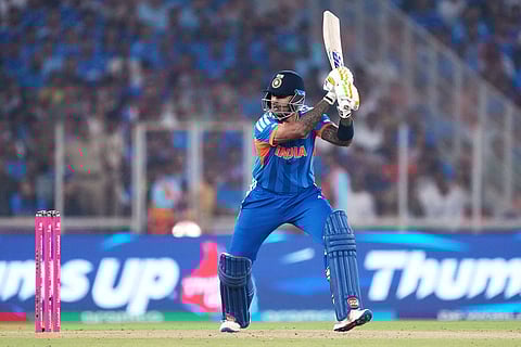 India's captain Suryakumar Yadav plays a shot during the T20 World Cup cricket match between India and South Africa in Ahmedabad, India.