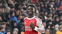 Arsenal/X : Bukayo Saka celebrating a goal against Wolves during Premier League 2025-26. 