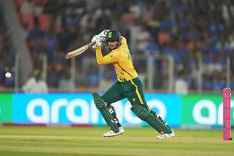 South Africa's Quinton de Kock plays a shot during the T20 World Cup cricket match between India and South Africa in Ahmedabad, India.