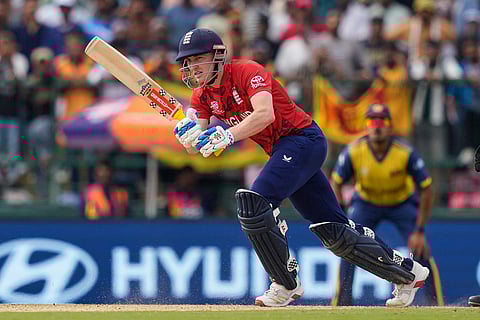 England's captain Harry Brook plays a shot during the T20 World Cup cricket match between Sri Lanka and England in Pallekele, Sri Lanka.