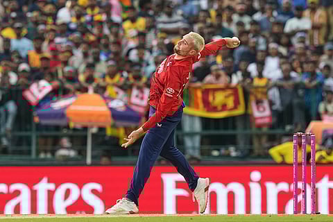 England's Will Jacks bowls a delivery during the T20 World Cup cricket match between Sri Lanka and England in Pallekele, Sri Lanka.