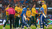 Star Sports Ad Haunts India As South Africa Beat Hosts In Ahmedabad By 76 Runs - Fans React | Photo: PTI/Arun Sharma : South Africa's players being congratulated by India's Varun Chakravarthy and Jasprit Bumrah after winning the ICC Men's T20 World Cup 2026 cricket match between India and South Africa, at the Narendra Modi Stadium, in Ahmedabad.