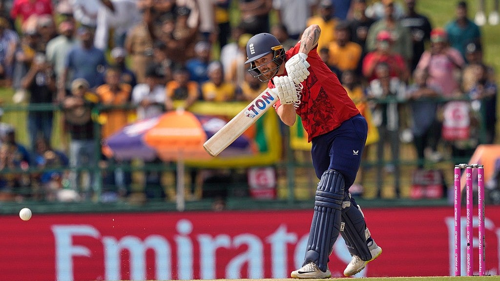 England's Phil Salt plays a shot during the T20 World Cup cricket match between Sri Lanka and England in Pallekele, Sri Lanka, Sunday, Feb. 22, 2026.  - AP Photo/Eranga Jayawardena