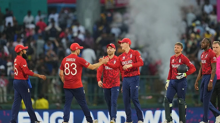 England players celebrate after their win against Sri Lanka during the T20 World Cup cricket match in Pallekele, Sri Lanka, Sunday, Feb. 22, 2026. - AP Photo/Eranga Jayawardena