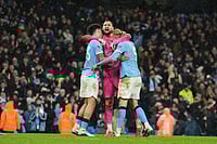 Manchester City 2-1 Newcastle United: Cityzens Close In On League Leaders Arsenal With Hard Fought Victory | Photo: Martin Rickett/PA via AP : Manchester City's goalkeeper Gianluigi Donnarumma, center, celebrates with Nico O'Reilly, left, and Erling Haaland after the English Premier League soccer match between Manchetser City and Newcastle in Manchester, England.