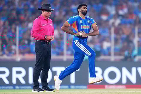 India's Jasprit Bumrah bowls a delivery during the T20 World Cup cricket match between India and South Africa in Ahmedabad, India.