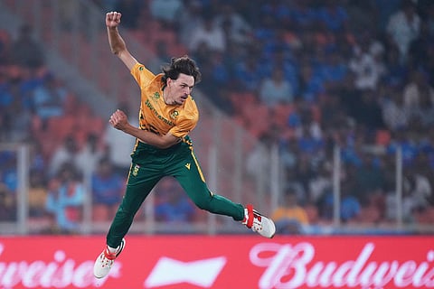 South Africa's Marco Jansen bowls a delivery during the T20 World Cup cricket match between India and South Africa in Ahmedabad, India.
