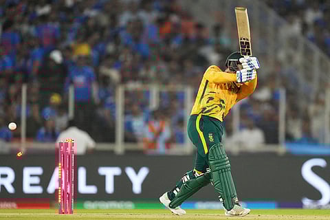 South Africa's Quinton de Kock is bowled out by India's Jasprit Bumrah during the T20 World Cup cricket match between India and South Africa in Ahmedabad, India.