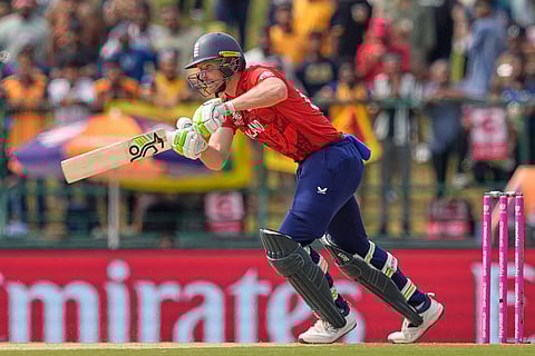 England's Jos Buttler plays a shot during the T20 World Cup cricket match between Sri Lanka and England in Pallekele, Sri Lanka.