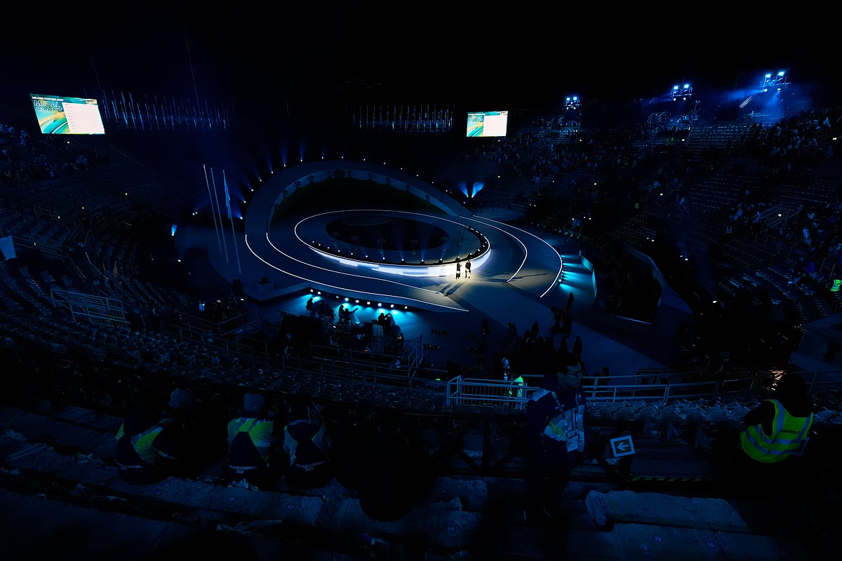 A view of the venue of Verona Arena during the pre-show of the closing ceremony of the 2026 Winter Olympics, in Verona, Italy, Sunday, Feb. 22, 2026. 