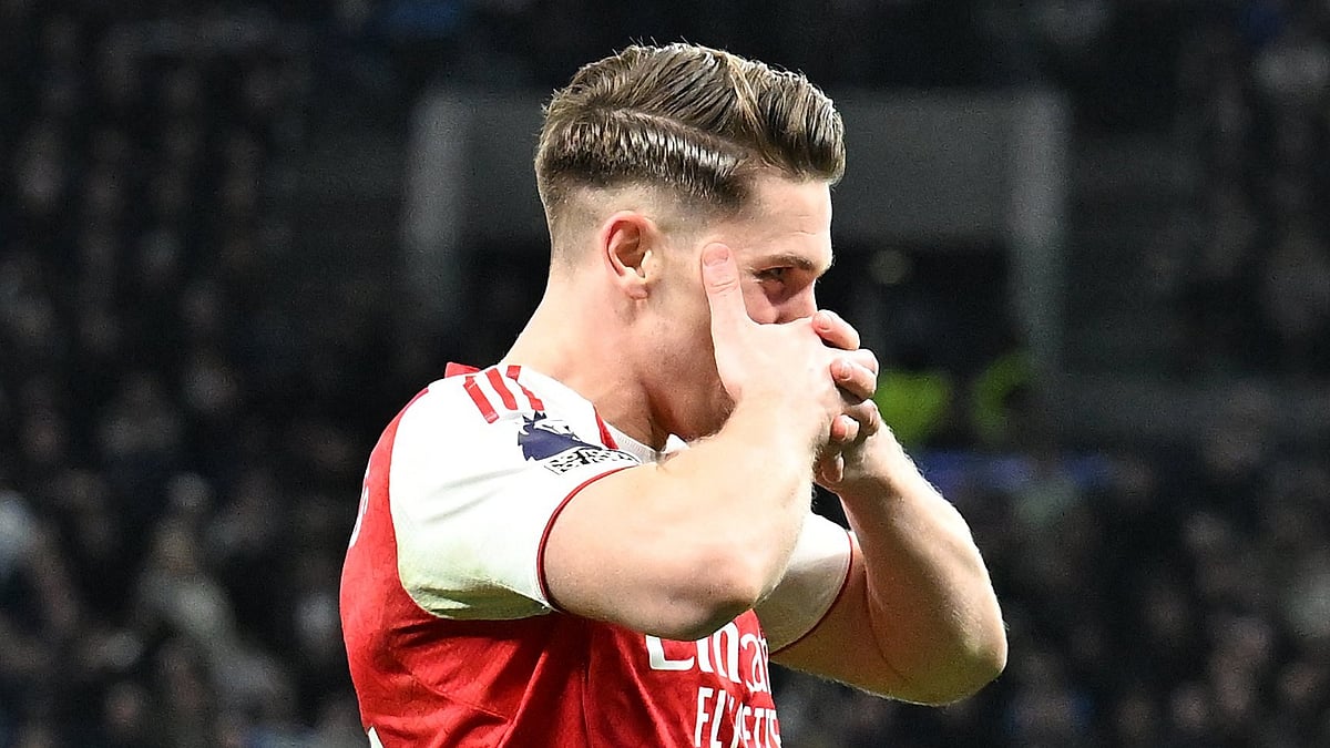 Viktor Gyokeres with his signature celebrating after scoring a brace against Tottenham Hotspur in Premier League 2025-26 matchday 27.  - premierleague/X