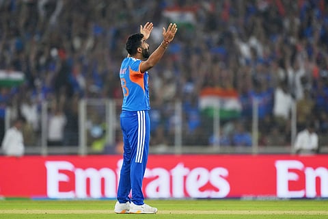 India's Jasprit Bumrah celebrates the wicket of South Africa's Ryan Rickelton during the T20 World Cup cricket match between India and South Africa in Ahmedabad, India.