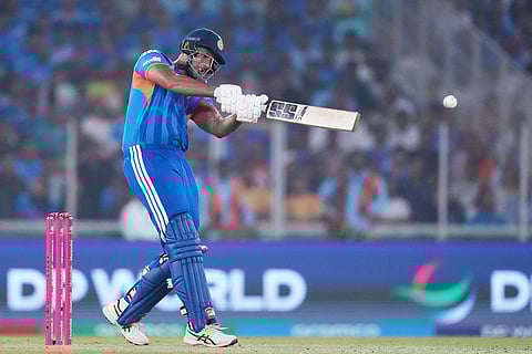 India's Shivam Dube plays a shot during the T20 World Cup cricket match between India and South Africa in Ahmedabad, India.