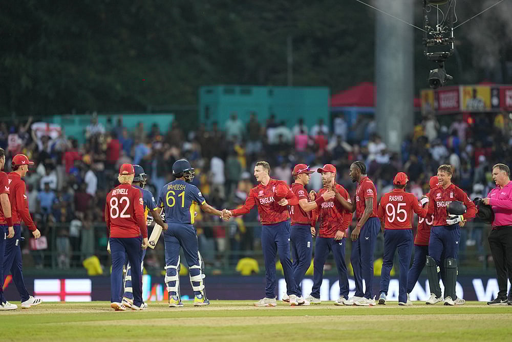 | Photo: AP/Eranga Jayawardena : England's players celebrate their win over Sri Lanka in the T20 World Cup cricket match between Sri Lanka and England in Pallekele, Sri Lanka.