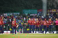 England Vs Sri Lanka, ICC T20 World Cup 2026 Super 8: See Best Photos From Pallekele Stadium | Photo: AP/Eranga Jayawardena : England's players celebrate their win over Sri Lanka in the T20 World Cup cricket match between Sri Lanka and England in Pallekele, Sri Lanka.