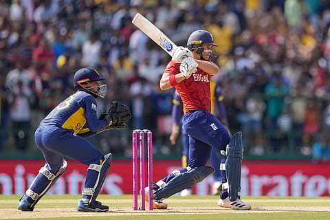 England's Jacob Bethell plays a shot during the T20 World Cup cricket match between Sri Lanka and England in Pallekele, Sri Lanka.