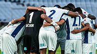 KeralaBlasters/X : Kerala Blasters footballers in team huddle during the clash against Mohun Bagan Super Giant in ISL 2025-26. 