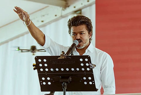 Tamilaga Vettri Kazhagam (TVK) chief Vijay addresses an administrators meeting of the party, in Vellore district, Tamil Nadu. 