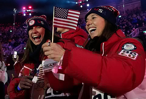 Athletes from the United States attend the closing ceremony of the 2026 Winter Olympics, in Verona, Italy.