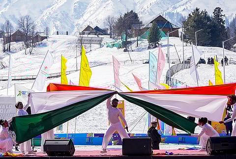 Artists perform during the commencement ceremony of the Khelo India Winter Games 2026, at Gulmarg in Baramulla district.