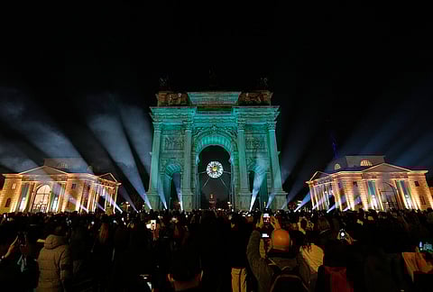 A view of the cauldron at the Arco della Pace at the 2026 Winter Olympics in Milan, Italy.