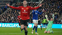 | Photo: AP/Ian Hodgson : Manchester United's Benjamin Sesko celebrates after scoring during the Premier League soccer match between Manchester United and Everton in Liverpool, England, Monday, Feb. 23, 2026.