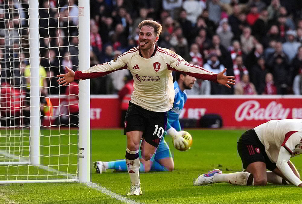 Liverpool's Alexis Mac Allister celebrates scoring during the English Premier League soccer match between Nottingham Forest and Liverpool in Nottingham, England. - | Photo: Nick Potts/PA via AP