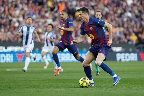 Barcelona's Robert Lewandowski in action during a La Liga soccer match between Barcelona and Levante in Barcelona, Spain.