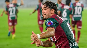 | Photo: AIFF : Mohun Bagan Super Giant's Dimitrios Petratos celebrates after scoring during the Indian Super League match against Chennaiyin FC on February 23, 2026.