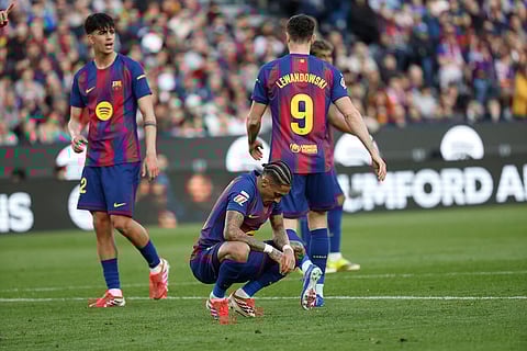 Barcelona's Raphinha reacts during a La Liga soccer match between Barcelona and Levante in Barcelona, Spain.