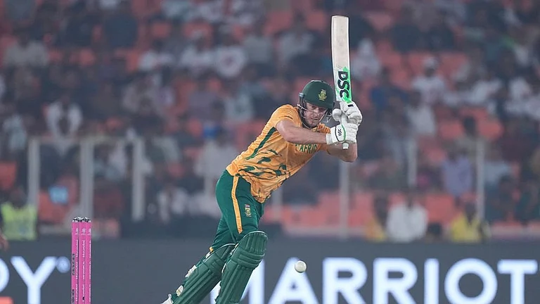David Miller played a blistering 63-run knock off just 35 balls to power South Africa to 76-run win over India at the Narendra Modi Stadium in Ahmedabad on February 22, 2026. - | Photo: AP/Ajit Solanki