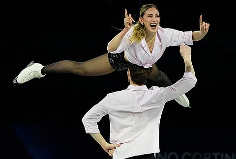 Sara Conti and Niccolo Macii of Italy perform during the figure skating exhibition at the 2026 Winter Olympics, in Milan, Italy, Saturday, Feb. 21, 2026. 