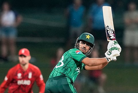 Pakistan's Saim Ayub plays a shot during the T20 World Cup cricket match between England and Pakistan in Pallekele, Sri Lanka.