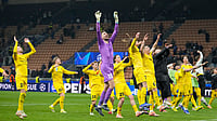 AP Photo/Luca Bruno : Glimt's players celebrate at the end of the Champions League playoff soccer match between Inter Milan and Bodo Glimt, at the San Siro stadium in Milan, Italy, Tuesday, Feb.24, 2026.