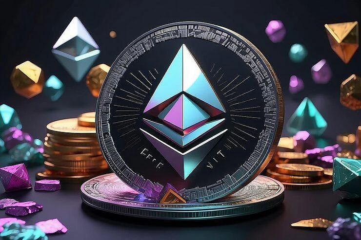 3D Ethereum coin surrounded by gold coins and glowing colorful floating crystals