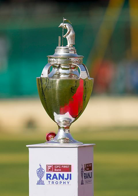 The Ranji Trophy is displayed on the opening day of the Ranji Trophy 2025-26 final cricket match between Karnataka and Jammu & Kashmir at the KSCA Cricket Stadium, in Hubballi, Karnataka.