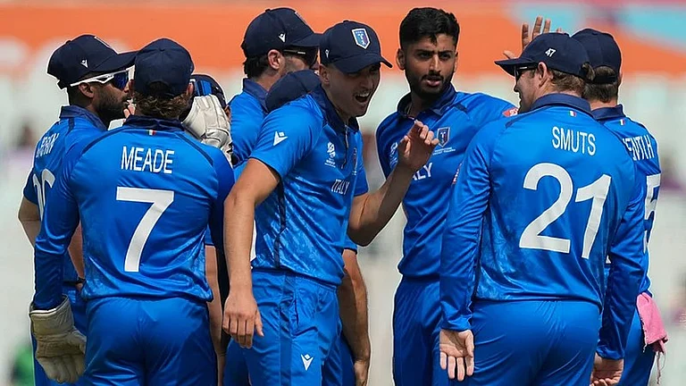 Italy players celebrate the wicket of West Indies' Brandon King during a T20 World Cup match in Kolkata. - File/AP